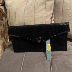 Kate Landry black snake print clutch